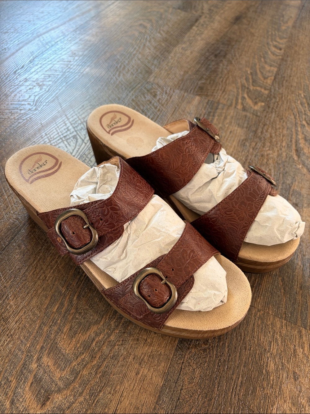 Dansko Sofie Slide Sandal, Double strap, Embossed Brown Size 40 (9.5-10)
